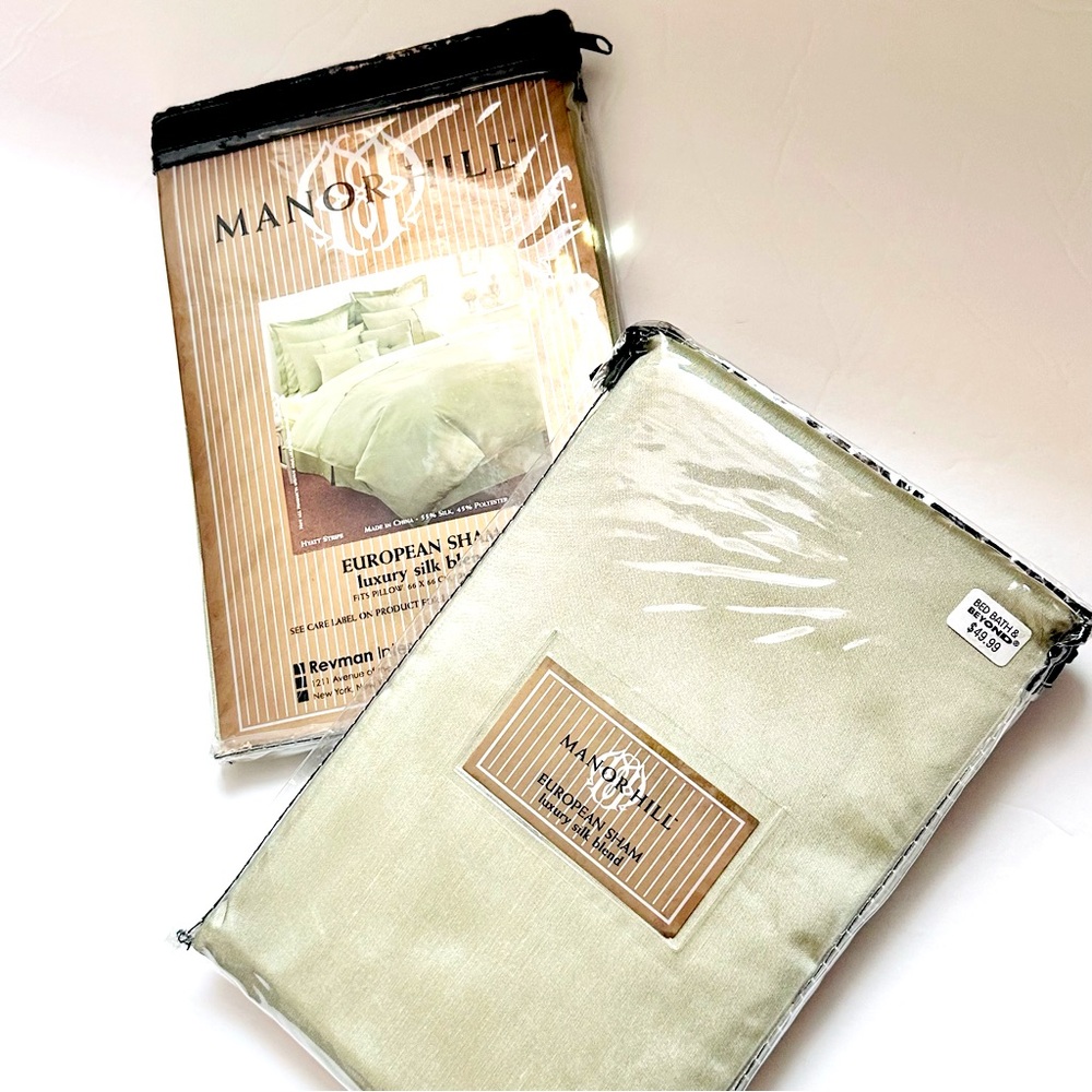 NIP Set 2pc Manor Hill Silk Blend Euro Sham Sage Textured Stripes